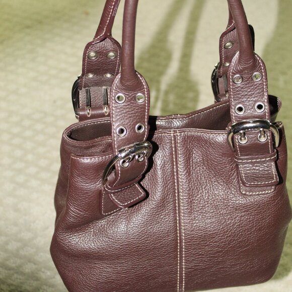 Tignanello Chocolate Brown Leather Purse Shoulder Bag Buckles Double Handles - Picture 1 of 7